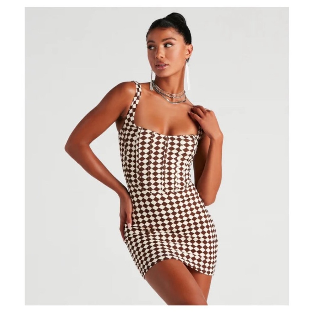 Windsor Brown and White Checkerboard Bodycon Dress